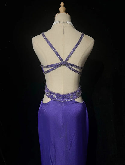 Robe de bal bustier violette en satin avec appliques, robe de soirée formelle J9413