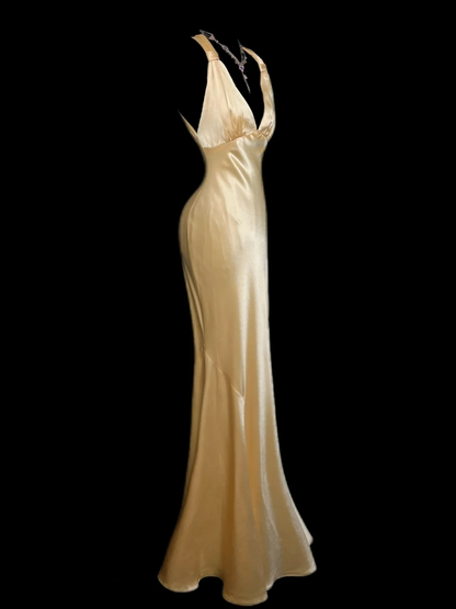Backless Yellow Satin Prom Dress Sexy Evening Dress  J9776
