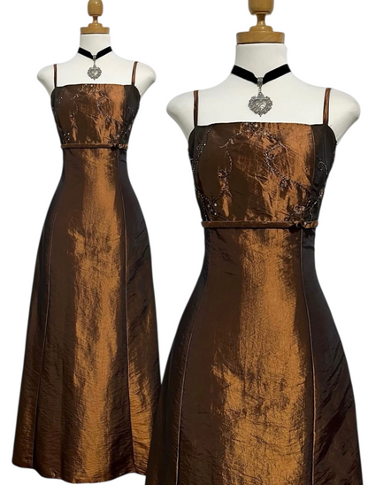 Beaded Brown Taffeta A Line Retro Prom Dress  J11956