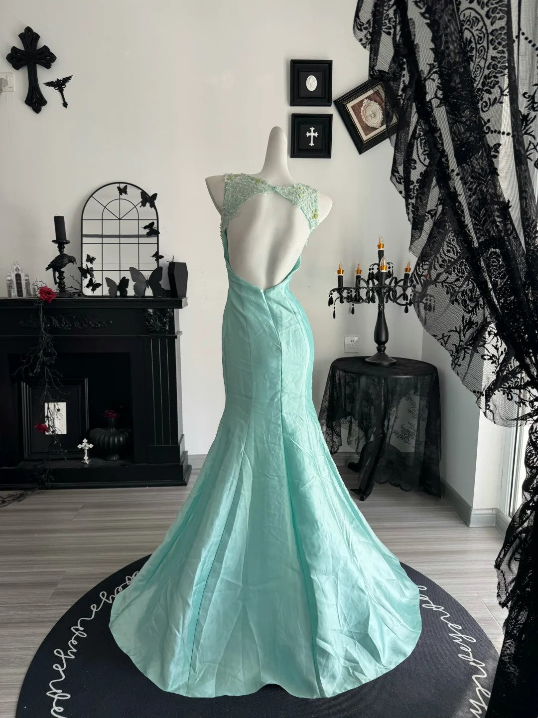 Beaded Lace Mermaid Prom Dress Mint Green Formal Dress  J11910