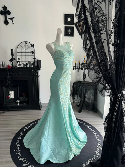 Beaded Lace Mermaid Prom Dress Mint Green Formal Dress  J11910