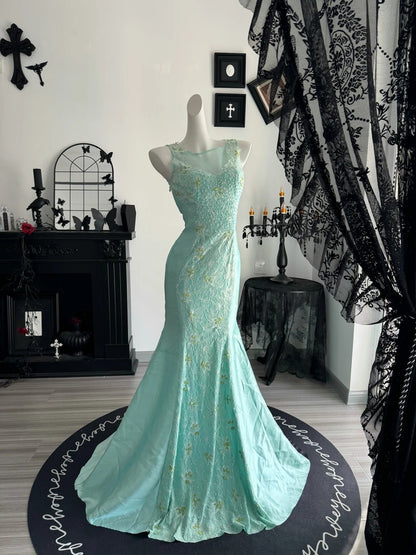 Beaded Lace Mermaid Prom Dress Mint Green Formal Dress  J11910