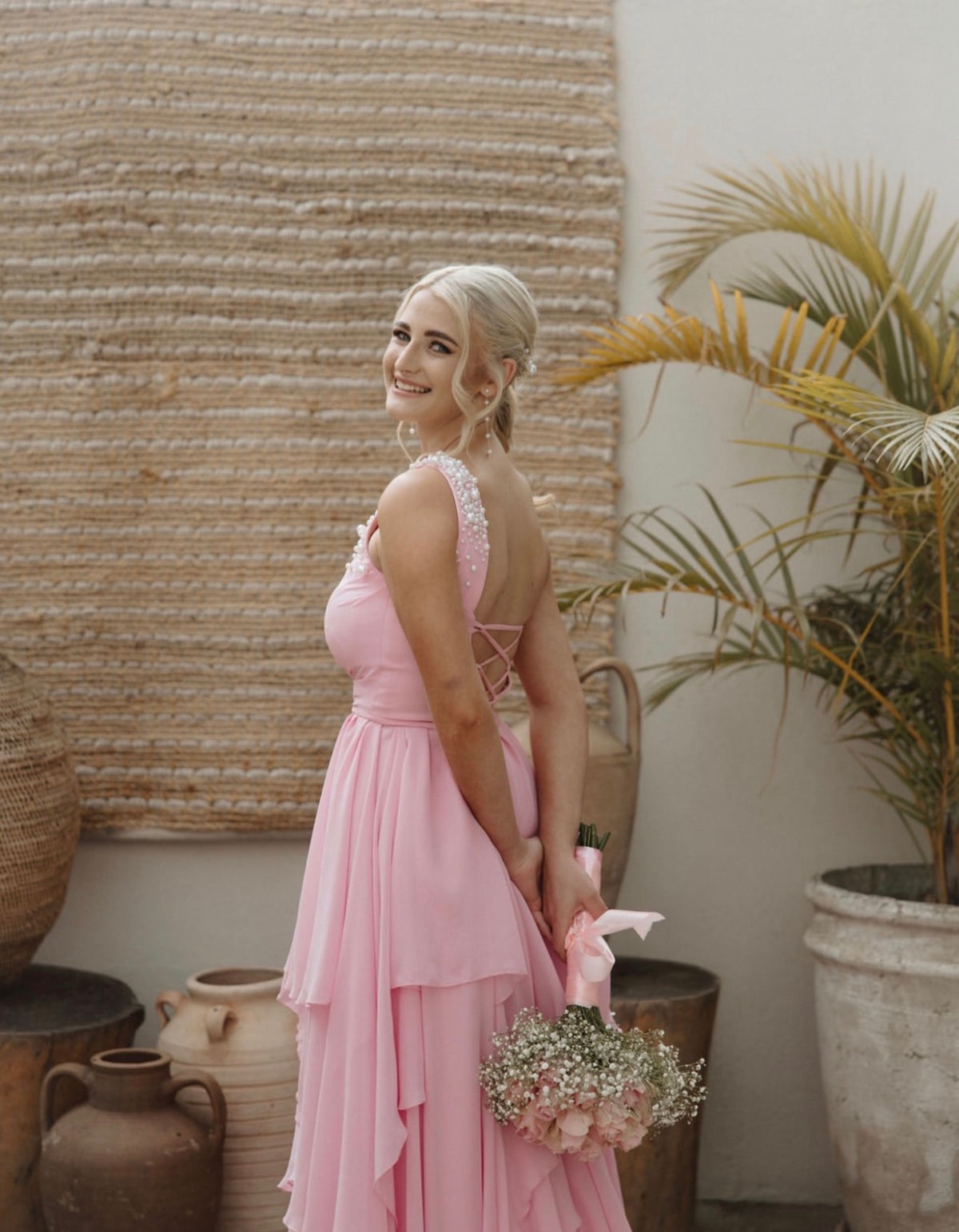 Beaded One Shoulder Pink Formal Prom Dress Wedding Guest Dress  J11979