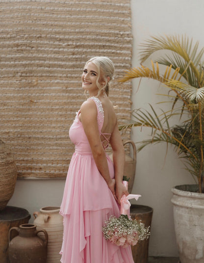 Beaded One Shoulder Pink Formal Prom Dress Wedding Guest Dress  J11979