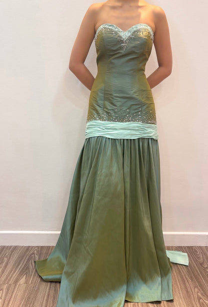 Trägerloses silbernes Vintage-Abendkleid, A-Linie, Geburtstagskleid J9370