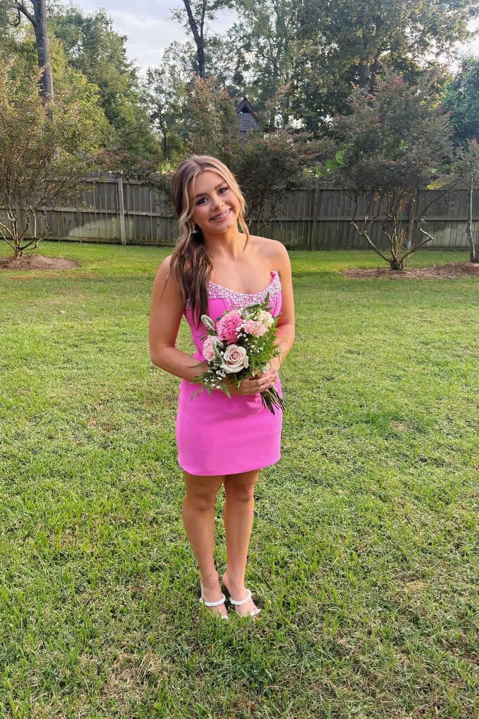 Beaded Strapless Pink Sheath Homecoming Dress  J11268