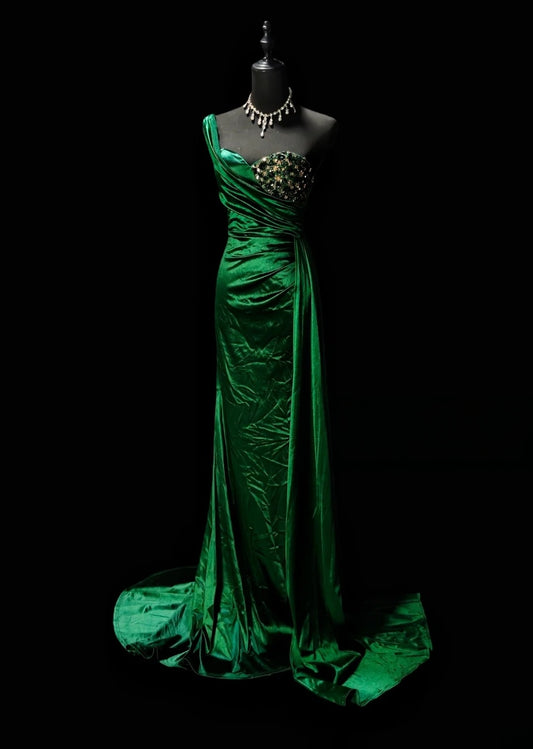 Beaded Sweetheart Green Satin Formal Prom Dress With Slit  J11823