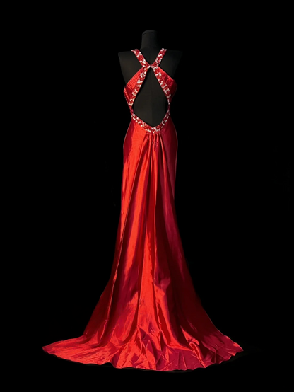 Beaded V Neck Red Satin Prom Dress Open Back Formal Evening Dress  J10133