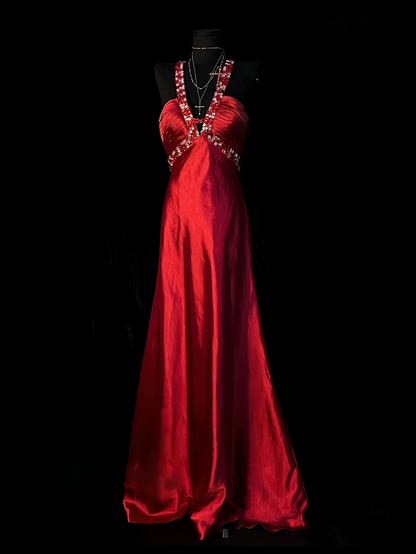 Beaded V Neck Red Satin Prom Dress Open Back Formal Evening Dress  J10133