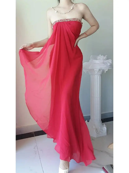 Beading Long Chiffon Red Evening Dress Formal Prom Dress J10218