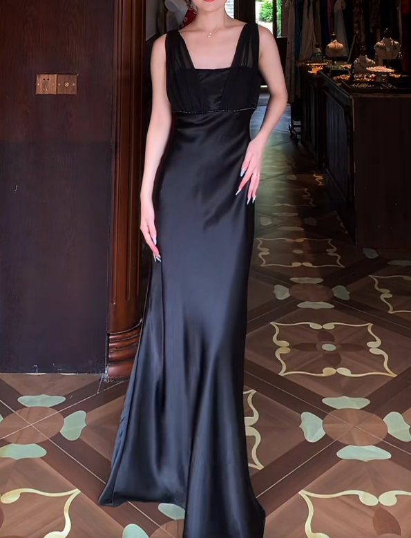 Black Satin Retro Prom Dress Evening Formal Gown  J9669