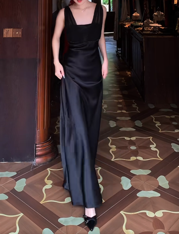Black Satin Retro Prom Dress Evening Formal Gown  J9669