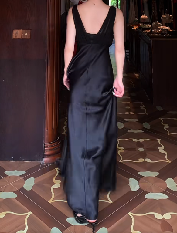 Black Satin Retro Prom Dress Evening Formal Gown  J9669