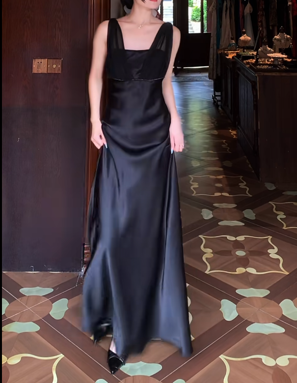 Black Satin Retro Prom Dress Evening Formal Gown  J9669
