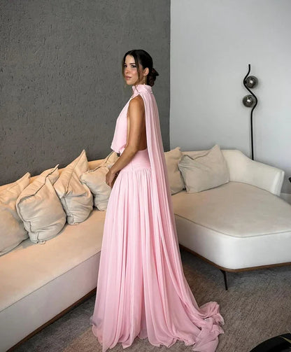 Blush Pink Chiffon Halter Neck Open Back Maxi Dress J10035