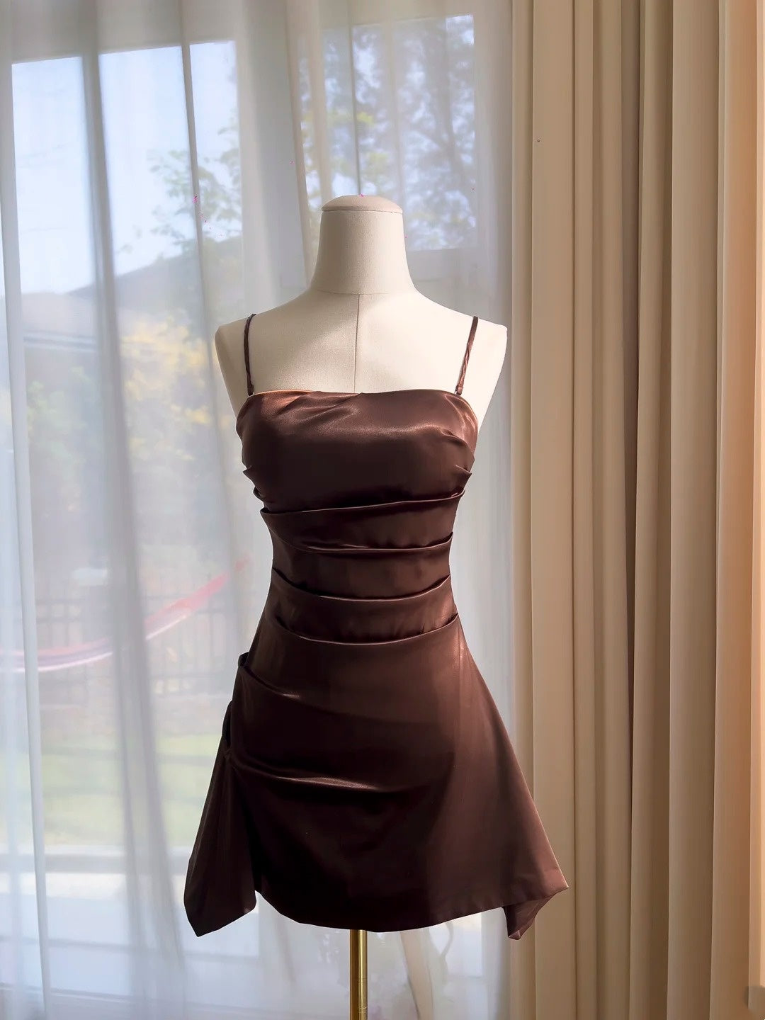 Brown Satin A Line Mini Homecoming Dress  J10274
