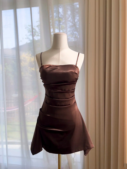 Brown Satin A Line Mini Homecoming Dress  J10274