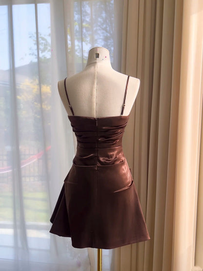 Brown Satin A Line Mini Homecoming Dress  J10274