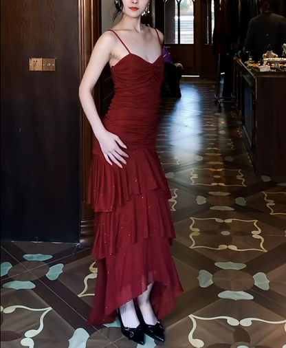 Burgundy Layered Prom Dress Sparkle Formal Evening Gown  J9666