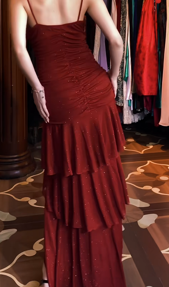 Burgundy Layered Prom Dress Sparkle Formal Evening Gown  J9666