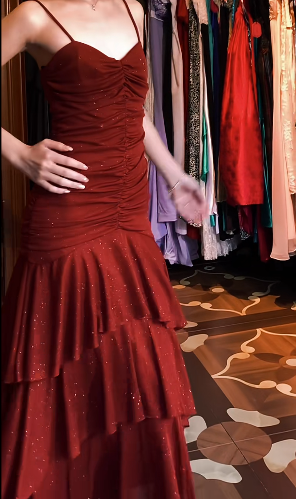 Burgundy Layered Prom Dress Sparkle Formal Evening Gown  J9666
