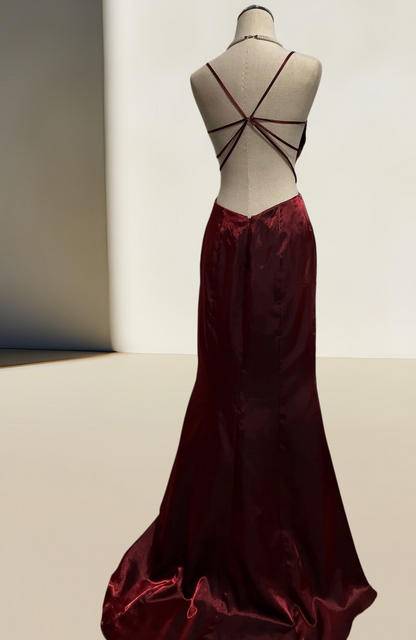 Burgundy Mermaid Beaded Prom Dress Open Back Evening Dress J10243