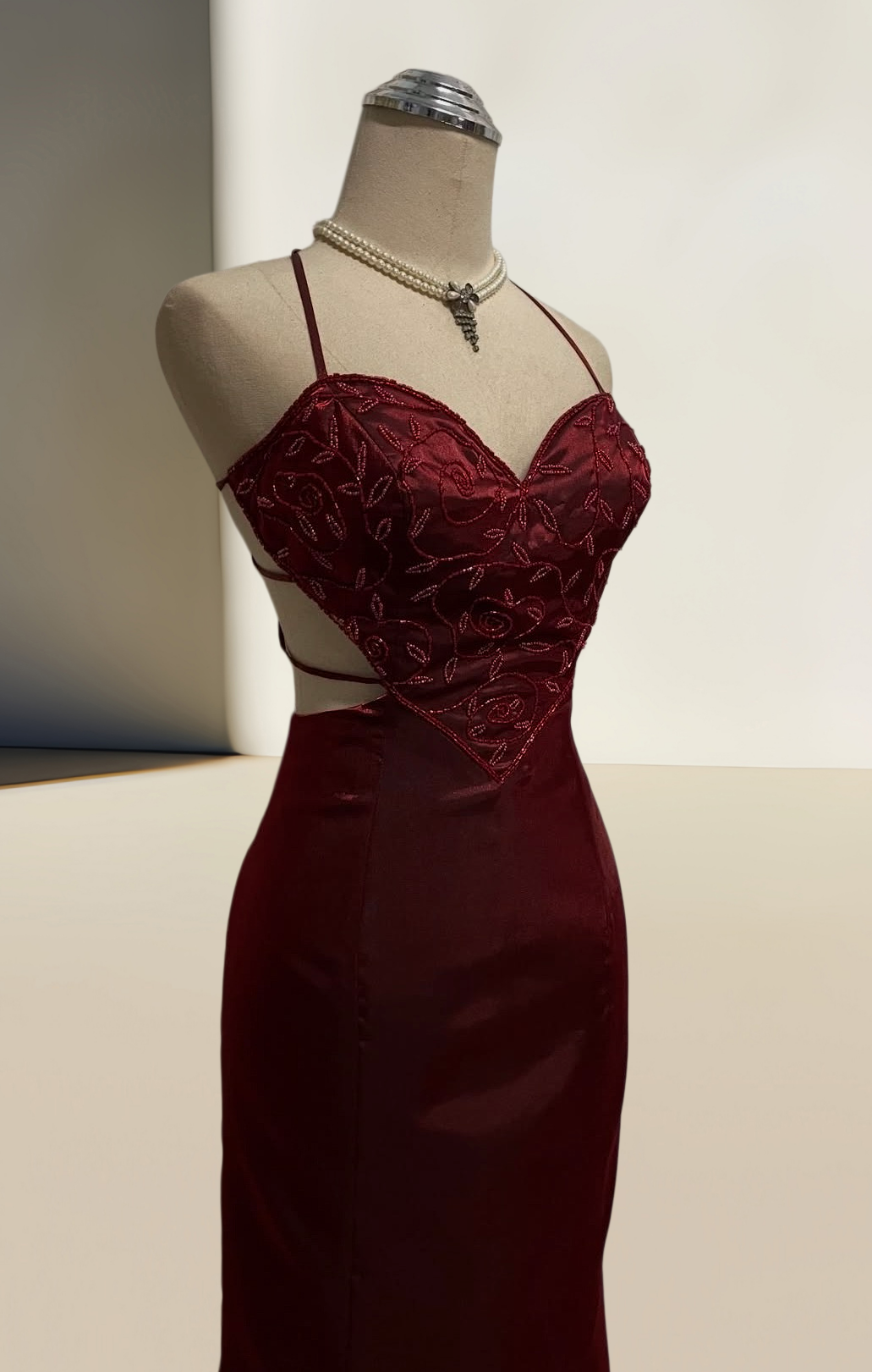 Burgundy Mermaid Beaded Prom Dress Open Back Evening Dress J10243