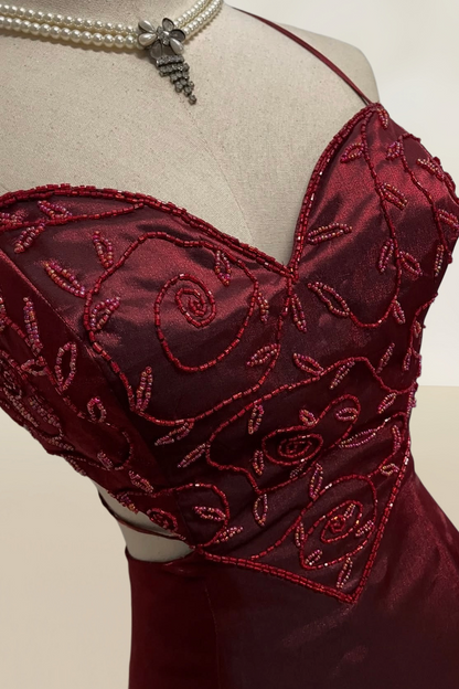 Burgundy Mermaid Beaded Prom Dress Open Back Evening Dress J10243
