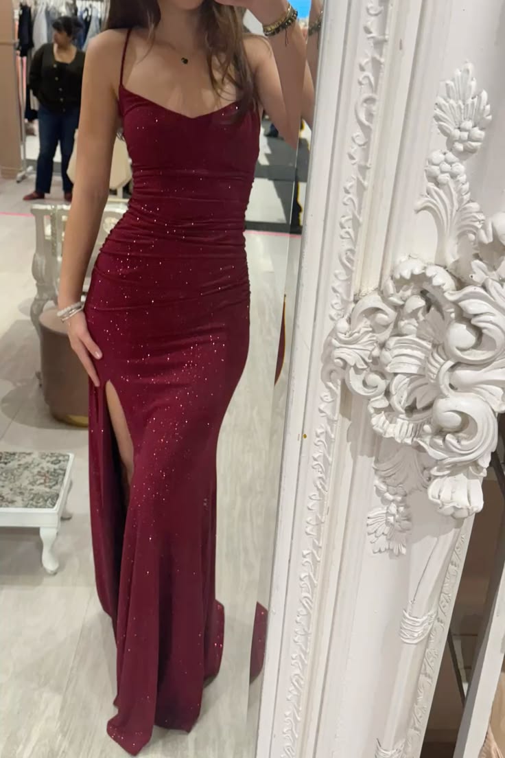 Burgundy Mermaid Prom Dress Sparkle Evening Dress With Slit  J11540