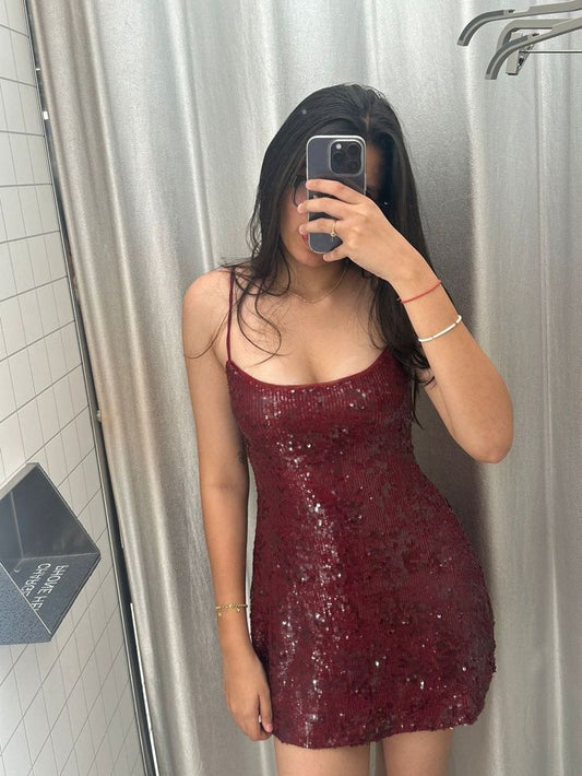 Burgundy Sequin Sheath Homecoming Dress Short Birthday Dress  J11183