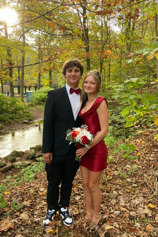 Burgundy Sheath Satin Homecoming Dress Mini Cocktail Dress  J11600