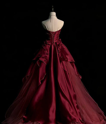 Robe de bal bustier violette en satin avec appliques, robe de soirée formelle J9413