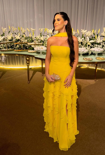 Strapless A Line Yellow Ruffle Wedding Guest Dress Long Prom Dress J7838