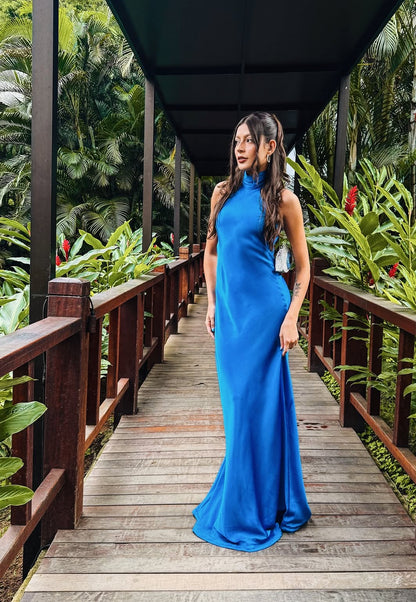 Robe de soirée formelle en satin bleu dos nu pour invité de mariage J7082