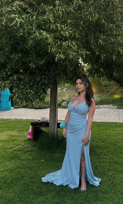 Robe de soirée sirène bleue à bretelles spaghetti J7156