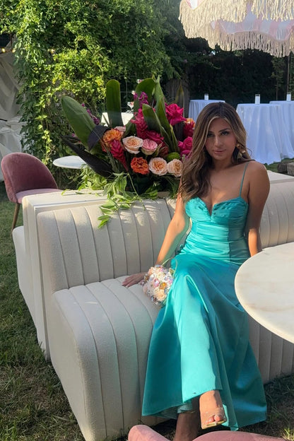 Spaghetti Straps Blue Mermaid Long Prom Dress Satin Wedding Guest Dress J7942