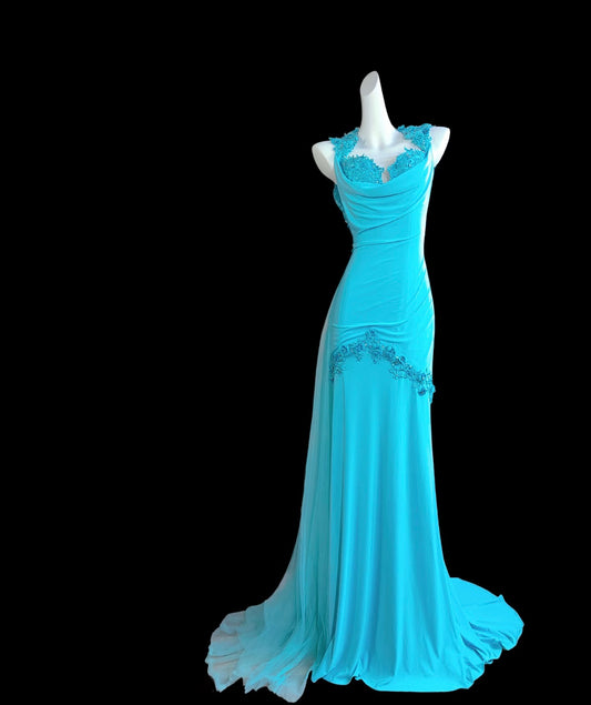 Blaues Meerjungfrau-Abendkleid mit Applikationen, formelles Ballkleid J7322