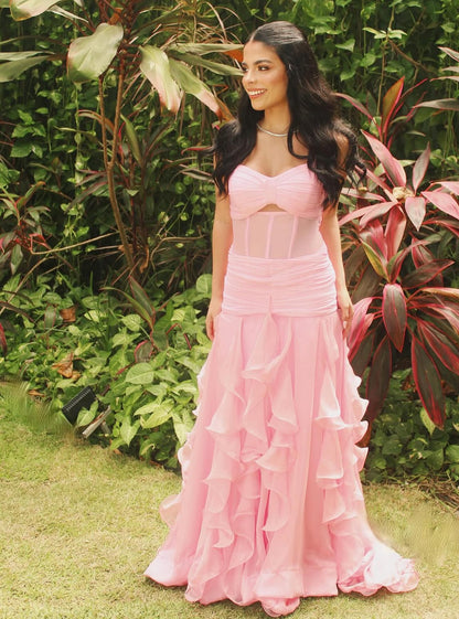 Spaghettiträger Rosa Rüschen Ballkleid Hochzeitsgastkleid J7773
