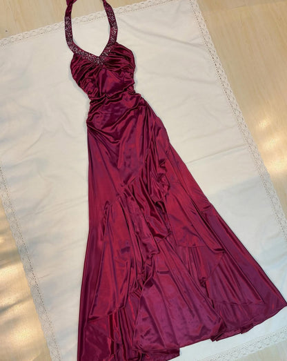 Beaded Halter Mermaid Long Prom Dress Ruffle Vintage Evening Dress J8545