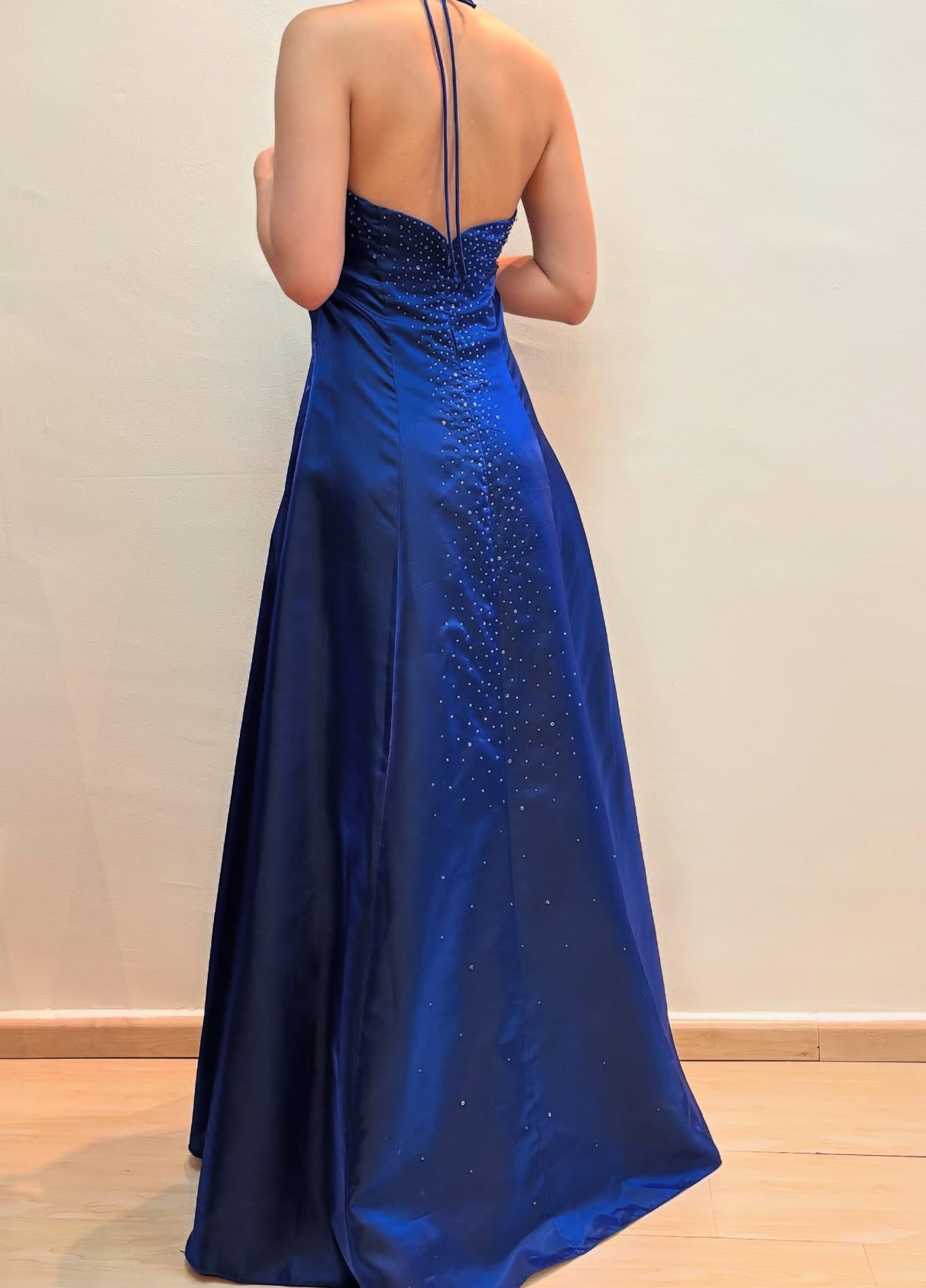 Halter Royal Blue A Line Long Prom Dress Satin Evening Party Dress J8569