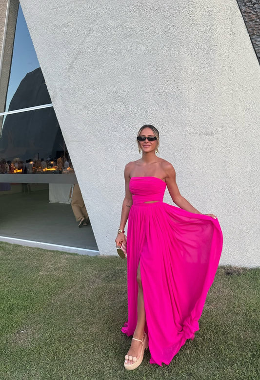 Strapless Hot Pink A Line Chiffon Wedding Guest Dress Evening Party Dress J7071