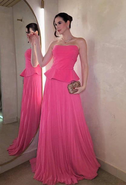Robe de bal longue bustier rose vif plissée, robe d'anniversaire J7934