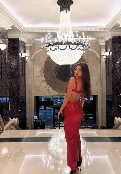 Robe de bal longue rouge à paillettes, dos nu, robe de soirée J7953