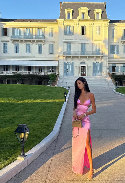 Robe de bal rose à bretelles spaghetti et fentes, tenue de soirée formelle J7025
