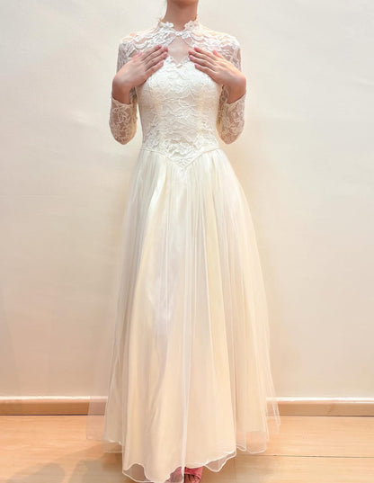 Long Lace Sleeves Vintage Wedding Dress A Line Bridal Dress J8578