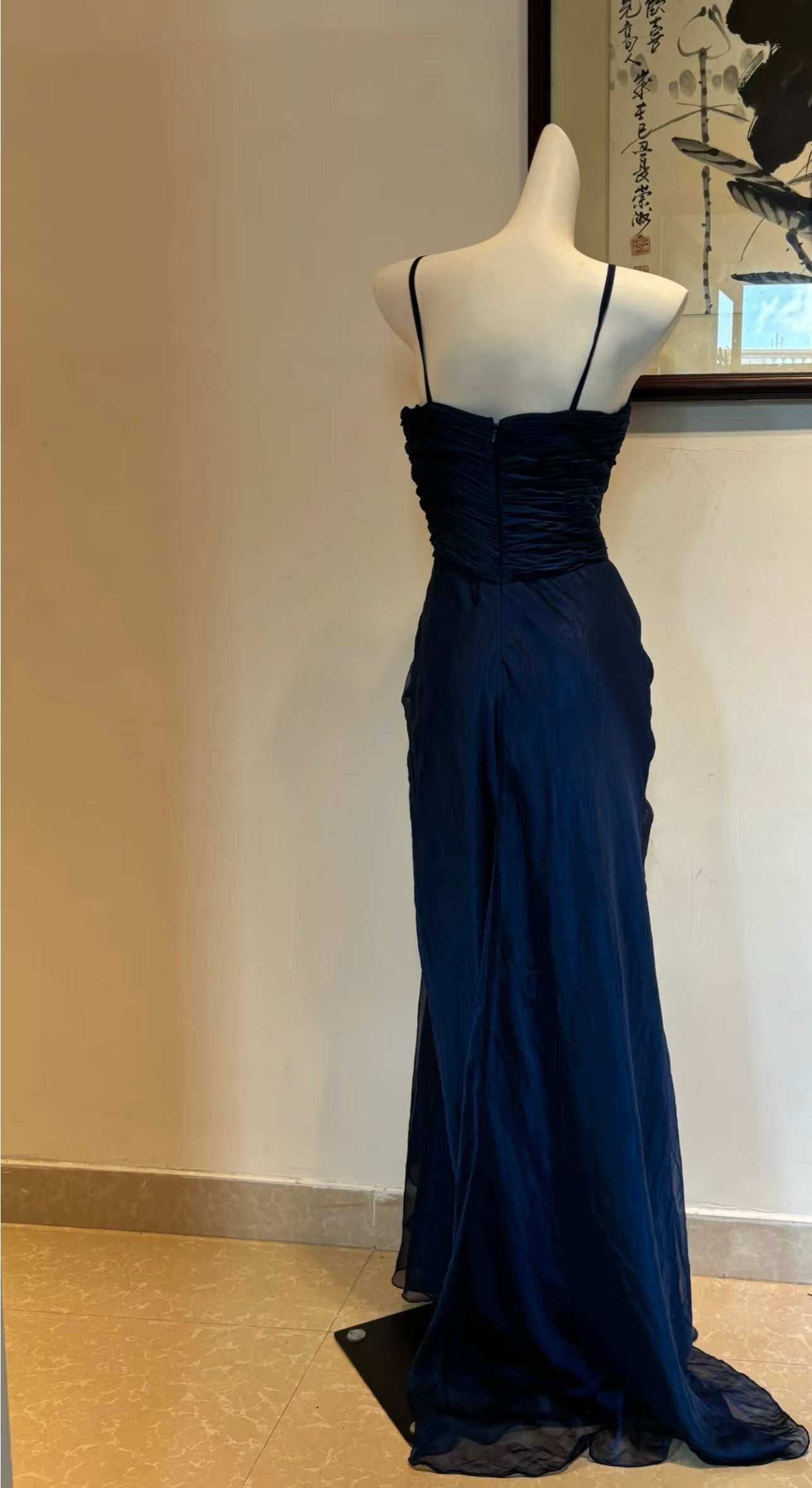 Spaghetti Straps Navy Blue Long Prom Dress Beaded Evening Dress J8001