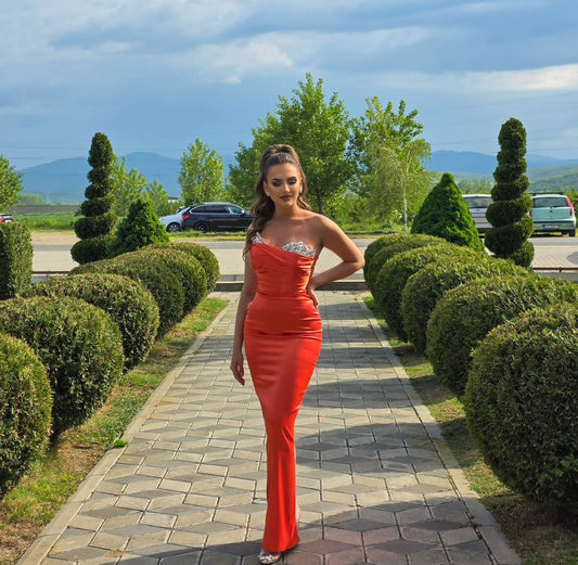 Perlenbesetztes Etuikleid aus Satin, formelles Abschlussball-Partykleid J7144