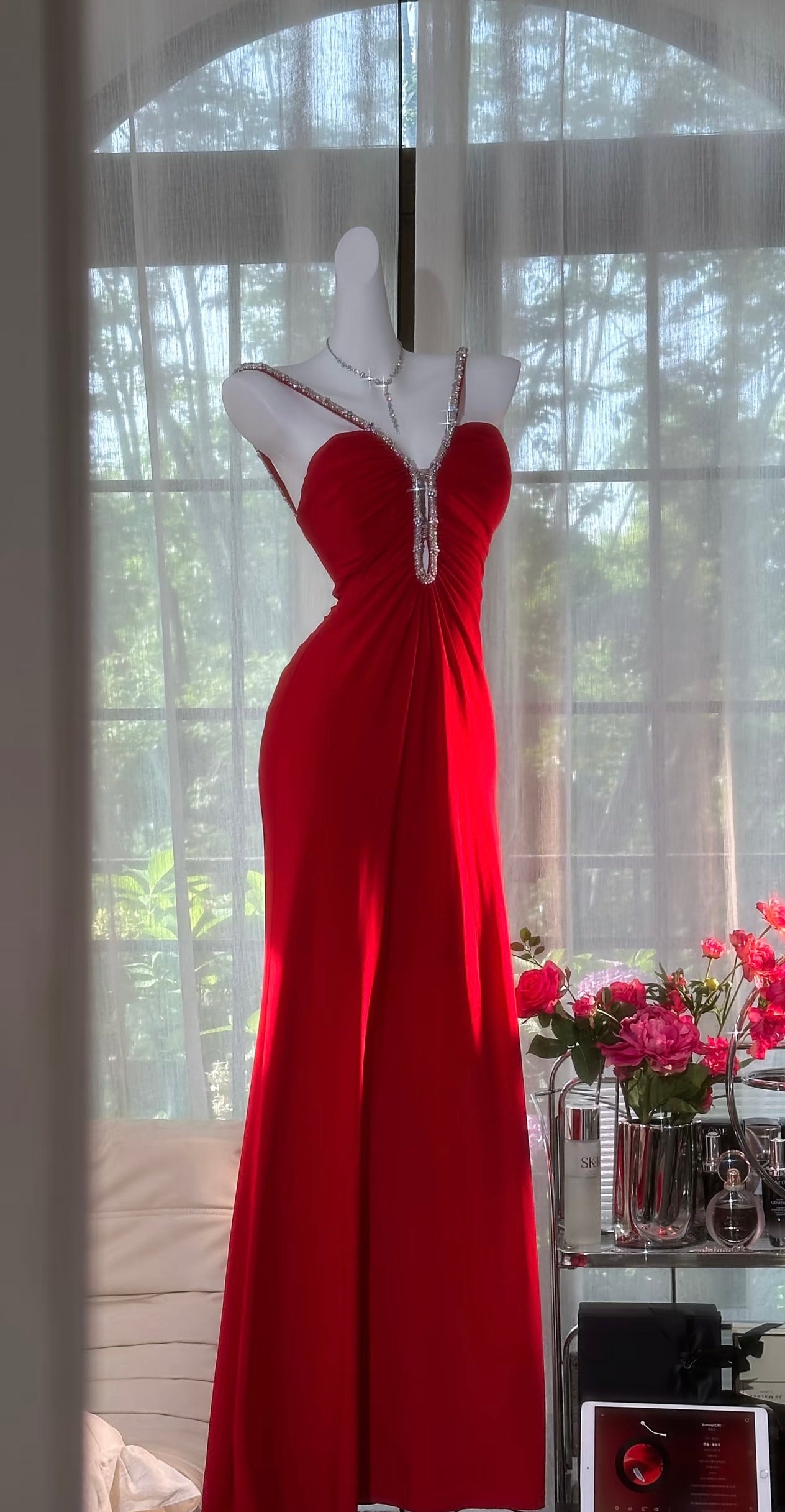 Rotes sexy Abendkleid, formelles Partykleid, Ballkleid J7064