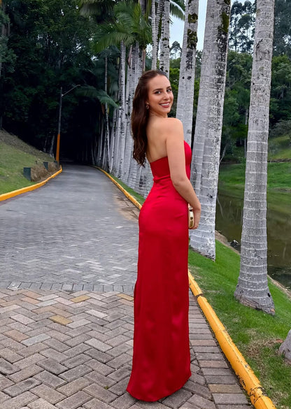 Strapless Sheath Red Long Prom Dress Satin Evening Dress J7961