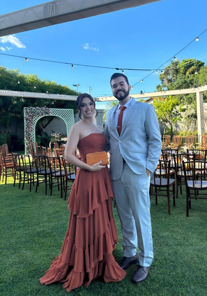 Strapless A Line Tiered Wedding Guest Dress Formal Evening Dress J7412